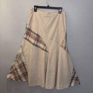 Vintage Boho Patchwork Skirt‎ Beige Linen Blend Prairie Festival Size 10